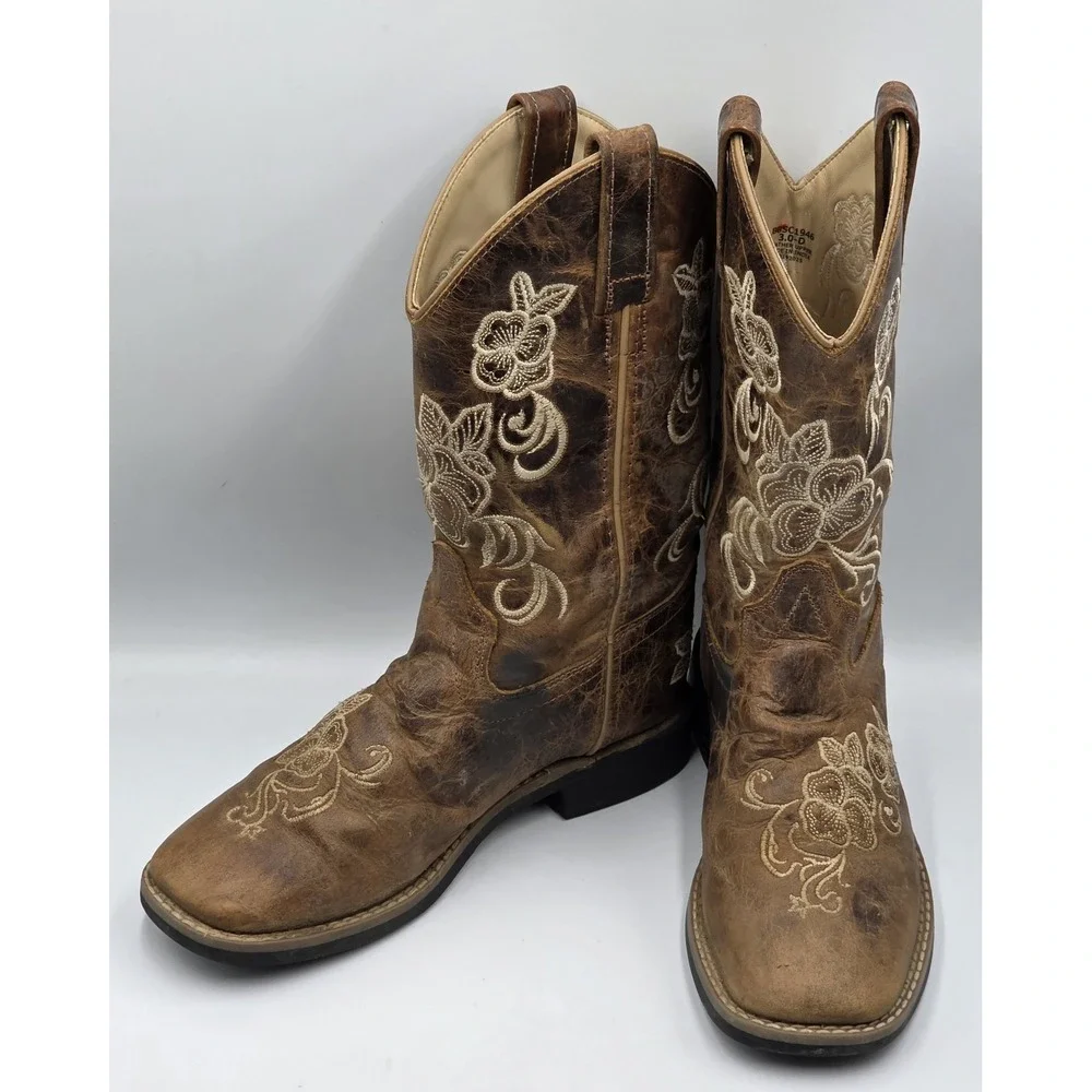 Shyanne Girls Brown Distressed Leather Floral Embroidered Cowboy Boots Size 3 D